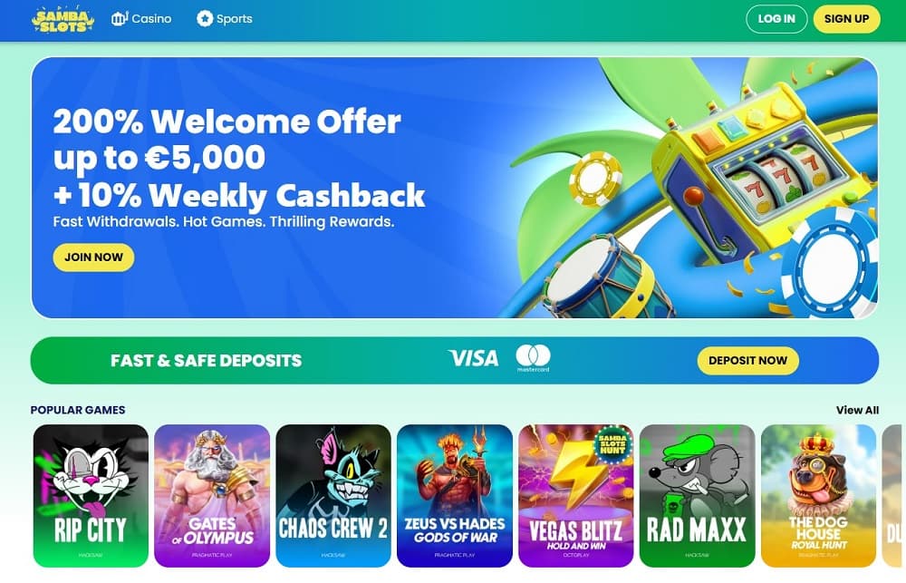 Samba Slots homepage – Slot-focused platform in the Canada online casinos market